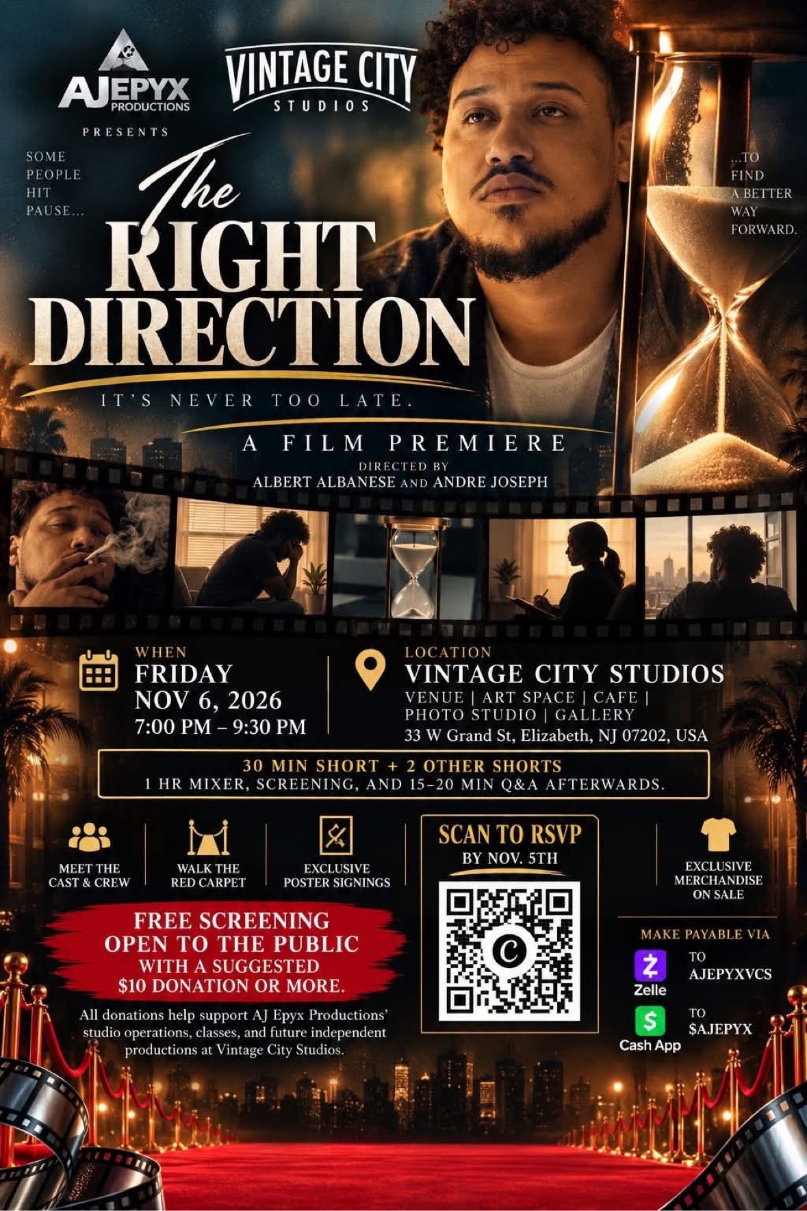 The Right Direction film premiere flyer — Friday, November 6, 2026 at Vintage City Studios