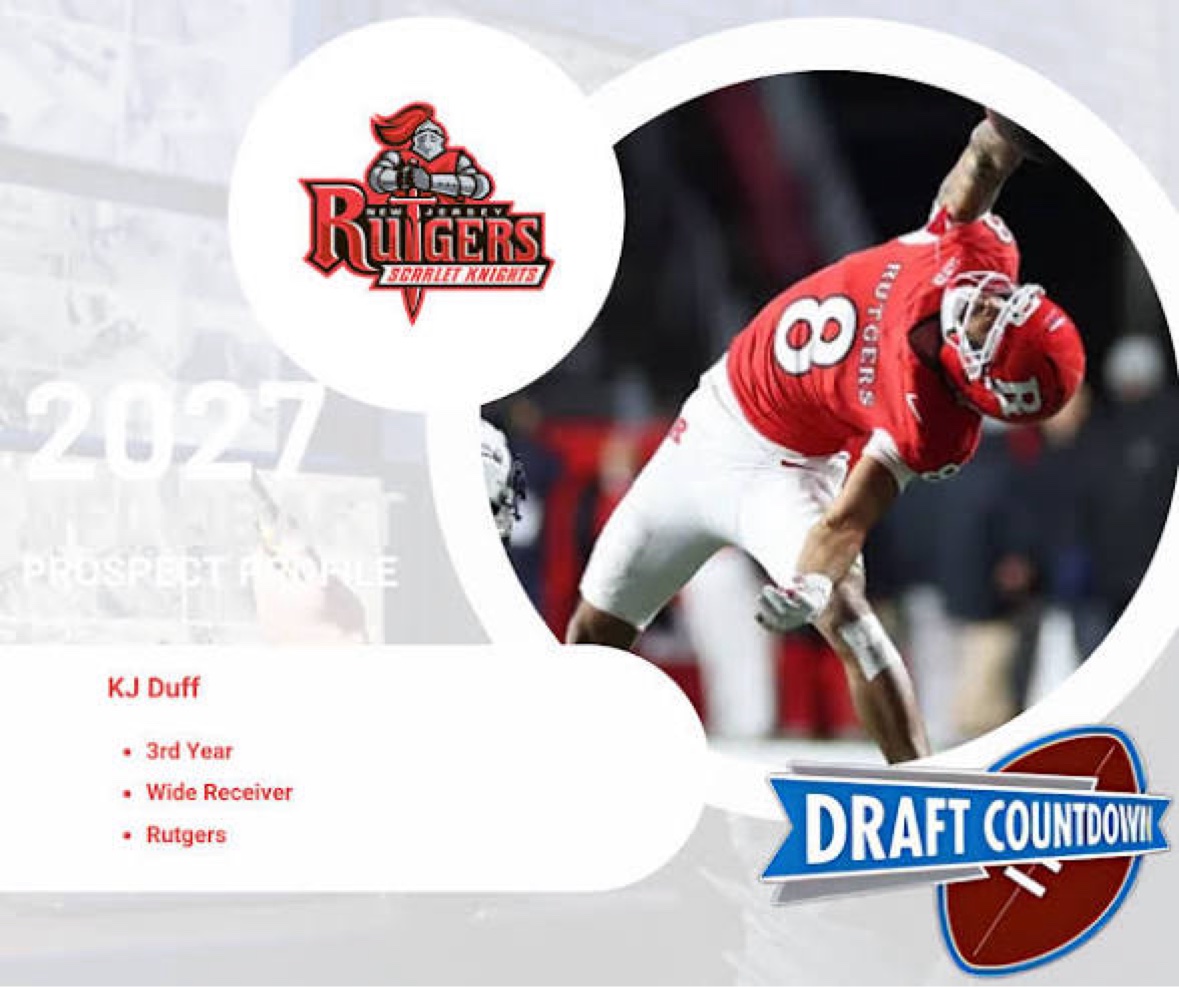 KJ Duff mid-catch in his red Rutgers No. 8 jersey, from the 2027 Prospect Profile / Draft Countdown graphic
