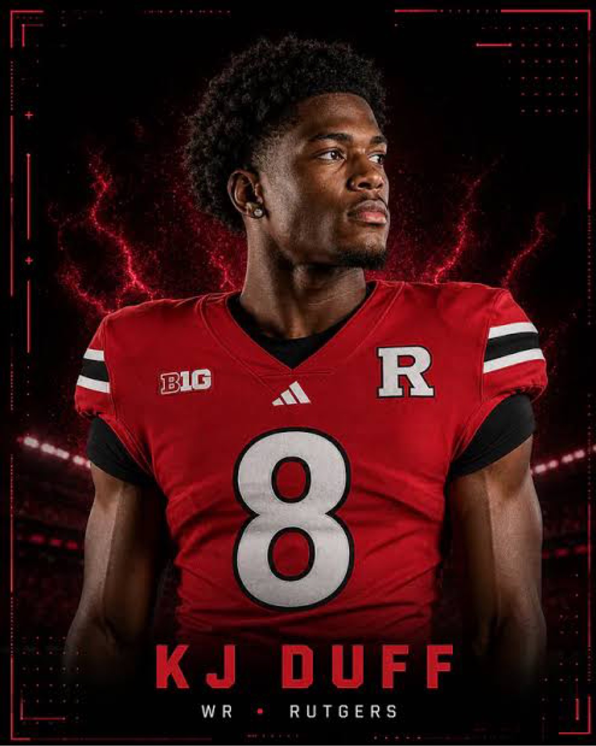 KJ Duff in his red Rutgers No. 8 jersey — KJ Duff, WR, Rutgers