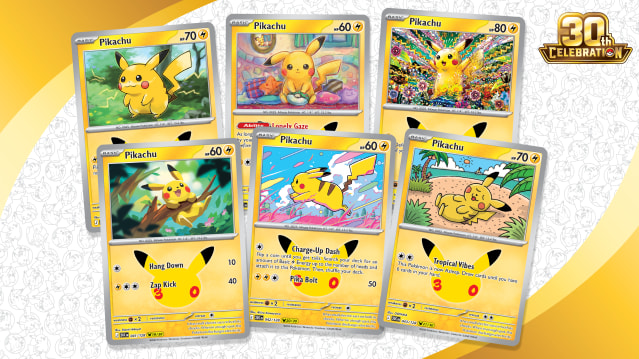 Spread of Pikachu cards from the Pokémon 30th Celebration set